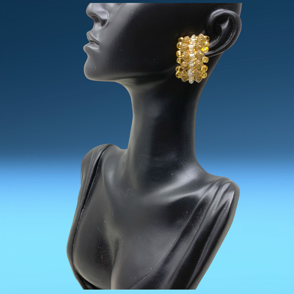 Vintage 1980s Earrings Beaded Acrylic Semi Hoop Cluster Clip On Huggie Wrap - Picture 2 of 5